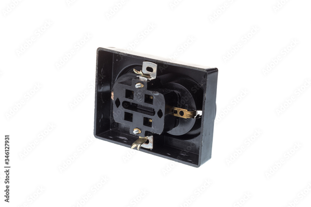 Back view of a black plastic wall socket outlet, isolated on white background Back view of a black plastic wall socket outlet, isolated on white background