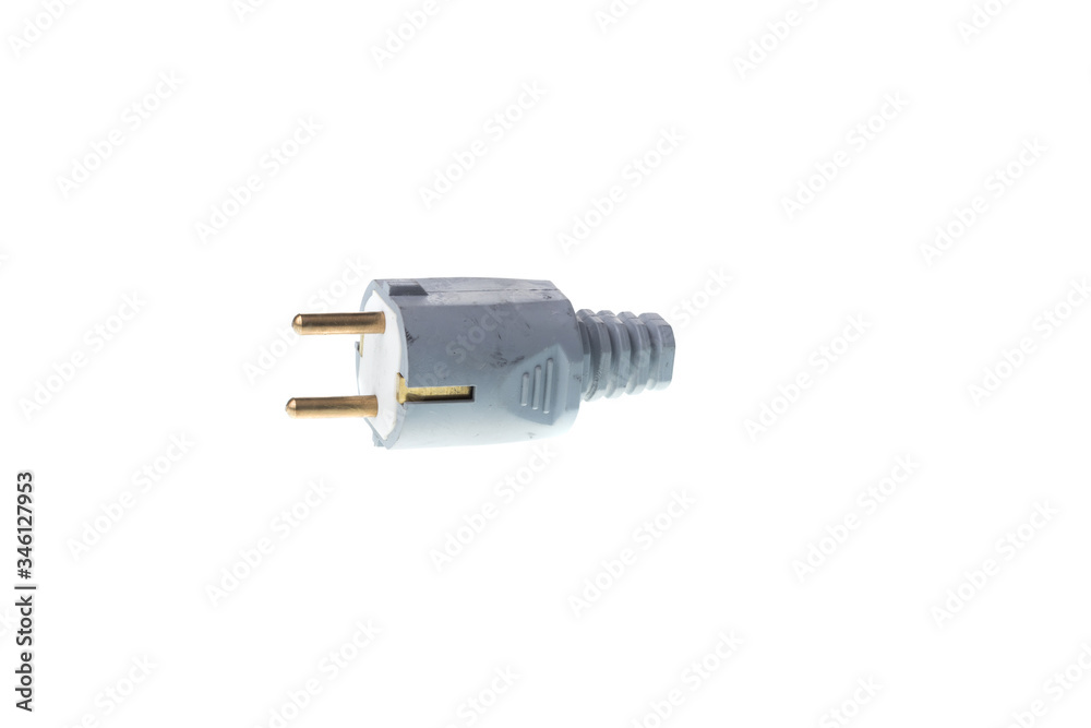 Gray ac power plug with two pins and ground, isolated on white background
