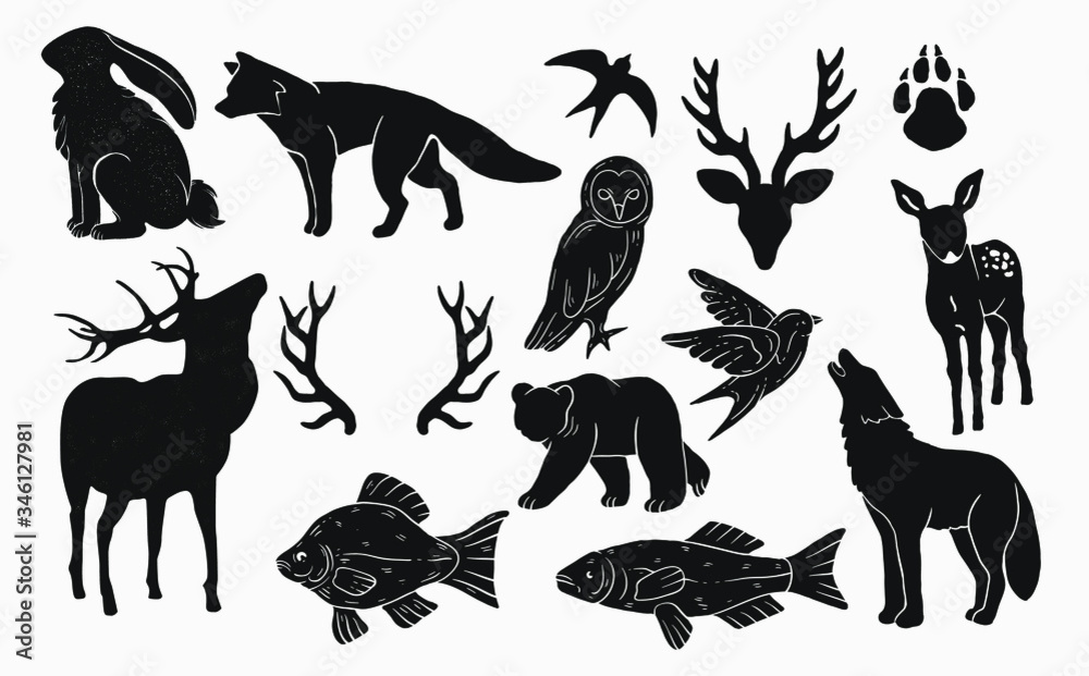 rustic nature icons , animals, wildlife, forest fauna. vintage artwork logo elements. bear, rabbit, deer antlers ,birds , owl and fishes. camping nature logo elements and resources for graphic design