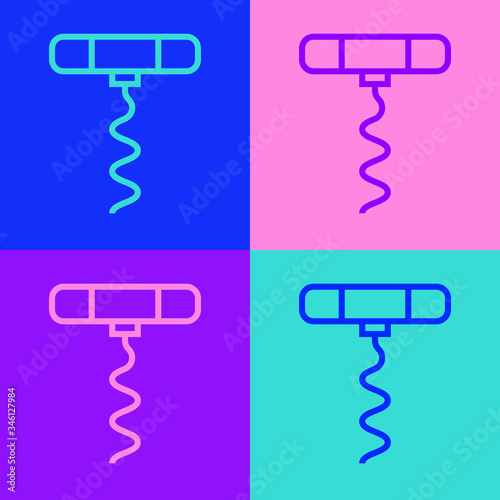 Pop art line Wine corkscrew icon isolated on color background. Vector Illustration
