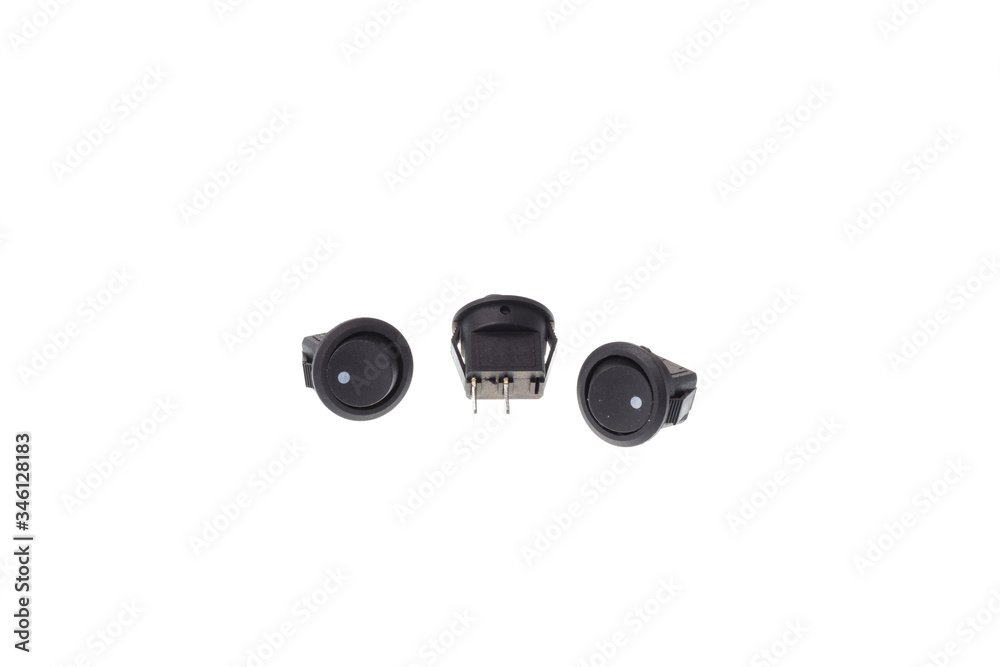 Set of round two position black push toggle switch, isolated on white background Set of round two position black push toggle switch, isolated on white background