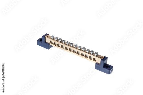 Long electric terminal block with blue plastic ends, isolated on white background