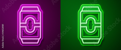 Glowing neon line Beer can icon isolated on purple and green background. Vector Illustration