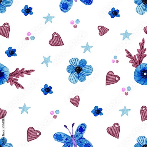 Childish seamless pattern of blue elements on a white background. Summer print. Watercolor butterflies, flowers, hearts. Pattern design for children's clothing, textiles, packaging, holidays.