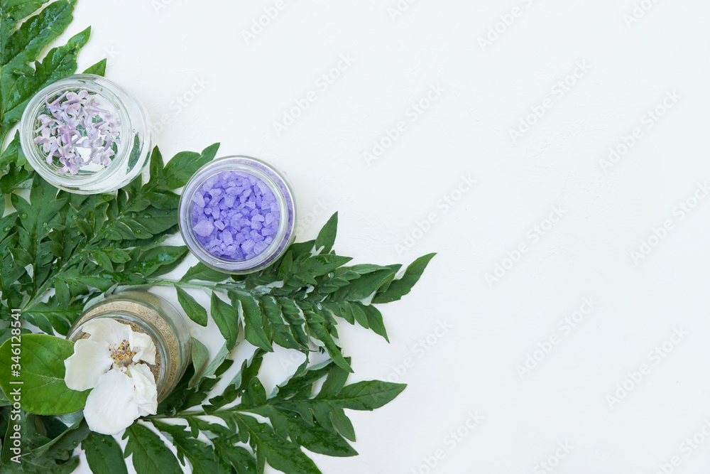 Natural cosmetics ingredients on white background with copy space Natural cosmetics ingredients on white background with copy space