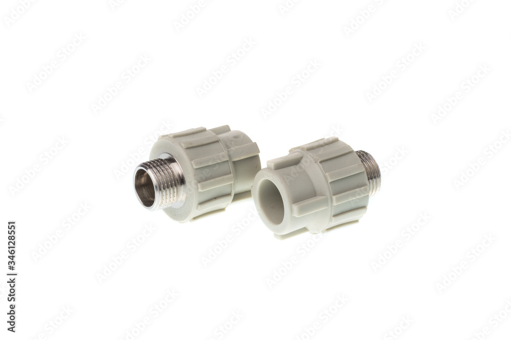Set of plastic PPR straight metal thread fitting for water pipes, isolated on white background Set of plastic PPR straight metal thread fitting for water pipes, isolated on white background