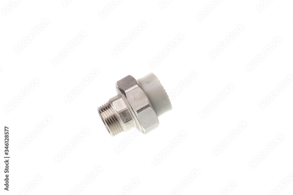 Plastic PPR straight metal male thread coupling for water pipes, isolated on white background Plastic PPR straight metal male thread coupling for water pipes, isolated on white background