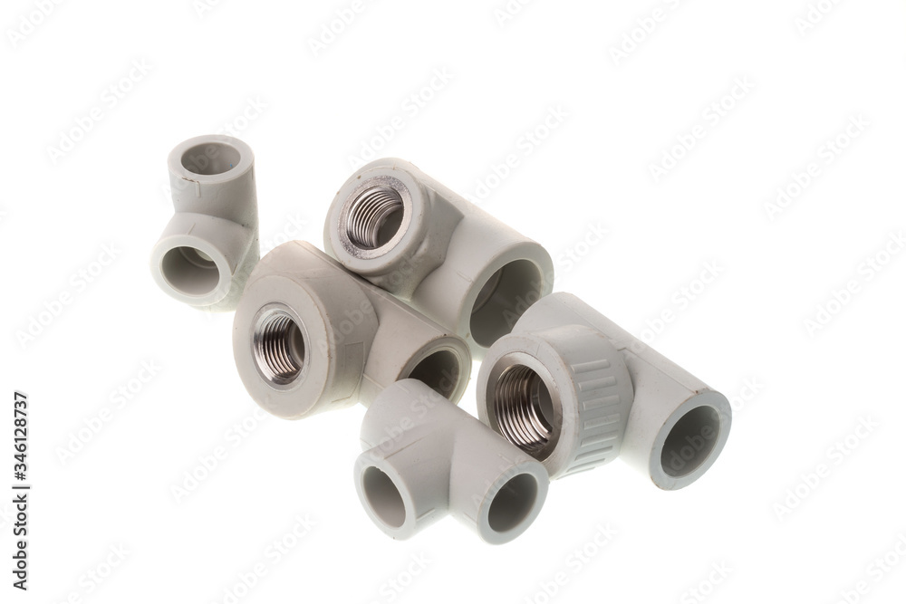 Set of different plastic PPR T shape with metal thread fitting for water pipes, isolated on white background Set of different plastic PPR T shape with metal thread fitting for water pipes, isolated on white background