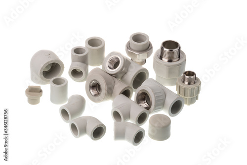 Set of different shape plastic PPR fittings for water pipes, isolated on white background
