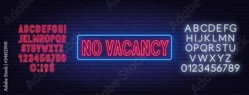 No vacancy neon sign. Neon alphabet on brick wall background. Vector illustration.