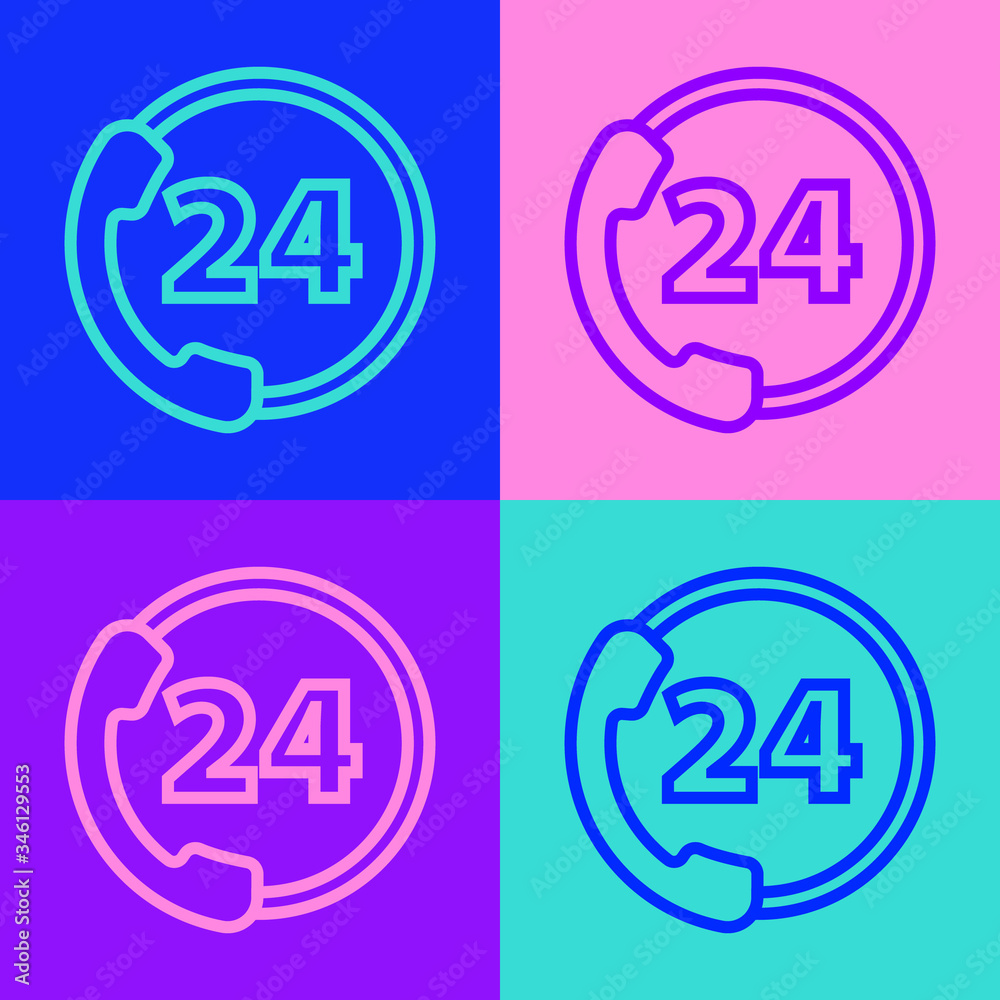 Pop art line Telephone 24 hours support icon isolated on color background. All-day customer support call-center. Full time call services. Vector Illustration Pop art line Telephone 24 hours support icon isolated on color background. All-day customer support call-center. Full time call services. Vector Illustration