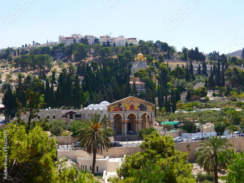 closeup view of Church of All Nations (Basilica of the Agony) loocated on the Mount of Olives in Jerusalem, next to the Garden of Gethsemane