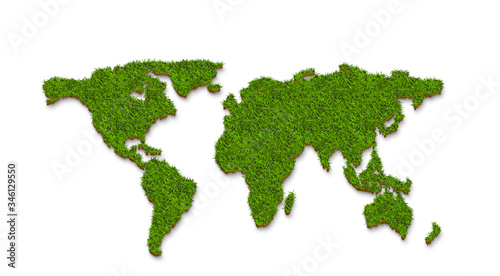 world map green grass surface, isolated on a white