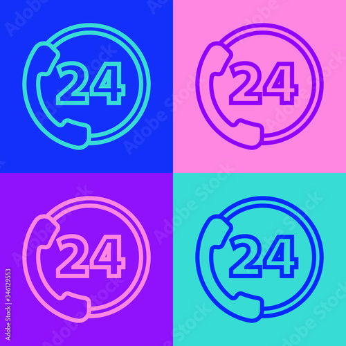 Pop art line Telephone 24 hours support icon isolated on color background. All-day customer support call-center. Full time call services. Vector Illustration