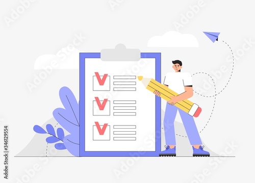 Man holding pencil and putting check mark on checklist. Concept organization and achievements of goals. Flat style vector illustration.