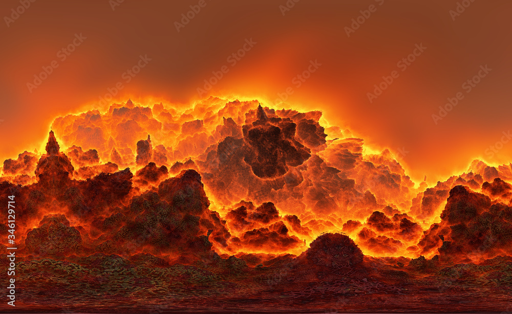 3d illustration, wallpaper in the form of fantastic burning mountainsides, slopes of a volcano with burning lava - obrazy, fototapety, plakaty 