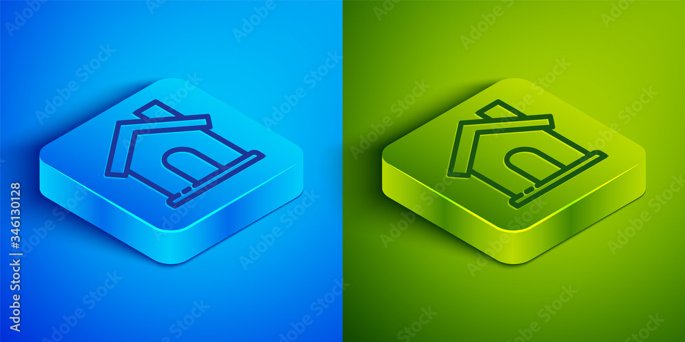 Isometric line House icon isolated on blue and green background. Home symbol. Square button. Vector Illustration Isometric line House icon isolated on blue and green background. Home symbol. Square button. Vector Illustration