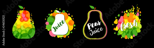Set of pear logotype concepts. Fruit logo, ad idea, black background. Brush style text. Isolated abstract graphic design template. T shirt bright elements with calligraphy. Red and green collection.