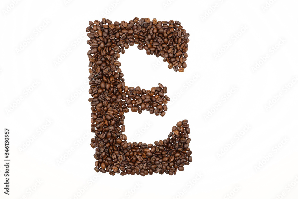 Letter E roasted coffee beans with white background
Letter E roasted coffee beans with white background