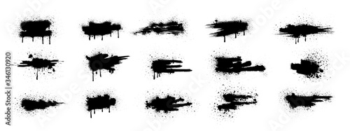 Collection of black paint. Spray Paint Elements, Vector brush stroke, Black splashes set, Black grunge with frame, Dirty artistic design elements, ink brush strokes, boxes, lines, frames for text.