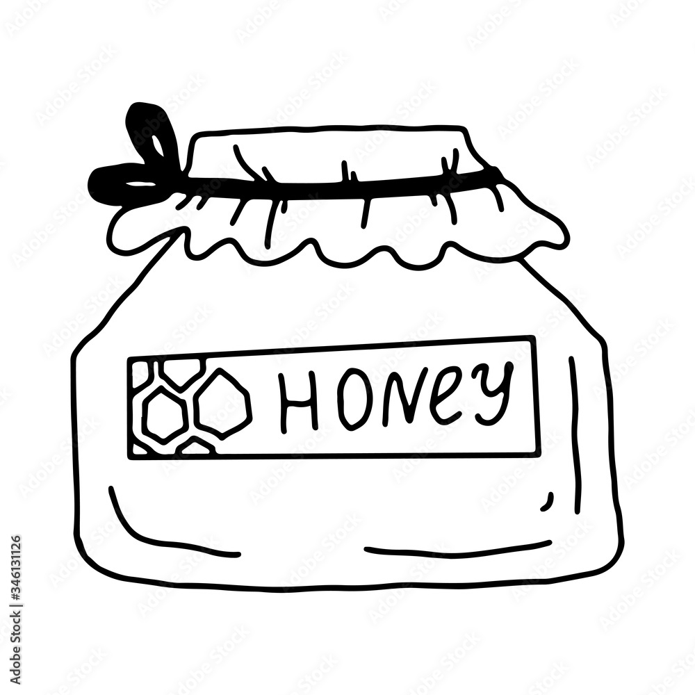 Honey jar in hand drawn doodle style. Coffee collection on an isolated white background. Stock vector illustration. Honey jar in hand drawn doodle style. Coffee collection on an isolated white background. Stock vector illustration.