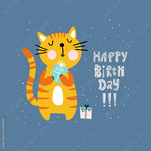 Cute happy birthday card with cat