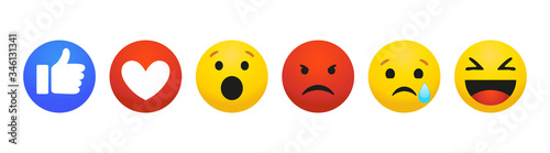 Emoji set in modern flat design. Like, dislike and basic emotions, round yellow emoticons, anger, laughter, surprise, sadness. Simple vector illustration isolated on white background.