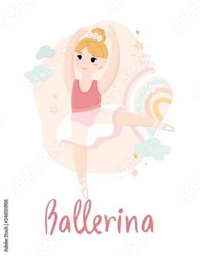Cartoon little dancing ballerina in a dance position on an abstract background with rainbows, stars, clouds. Decorative poster for the choreography Studio, children's room. Vector illustration.