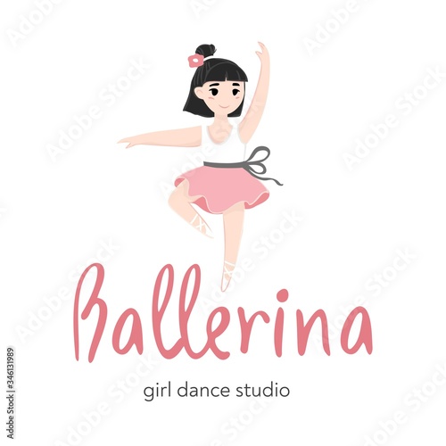 Cartoon little dancing girl on a white background. The handwritten word Ballerina is the name of the school of dance and choreography. Logo for children's ballet Studio. Cartoon vector illustration.