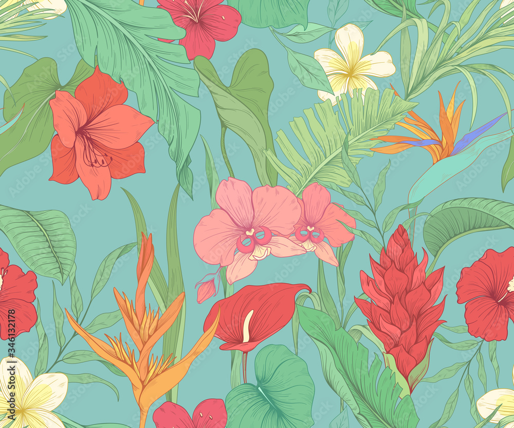 Seamless pattern with tropical flowers and palm leaves
