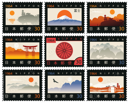 Set of vector postage stamps in retro style on the theme of Japanese culture. Decorative Japanese landscapes with a hieroglyphs Japan Post