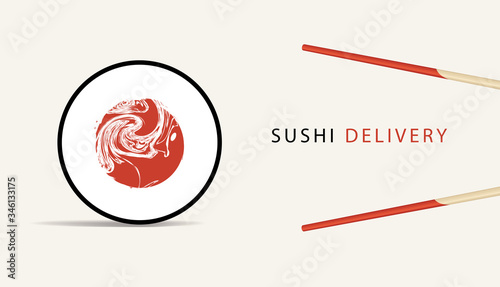 Vector banner on the theme of Sushi delivery. Advertising for sushi bar with an online ordering option. Decorative illustration for a website selling Japanese cuisine and sushi