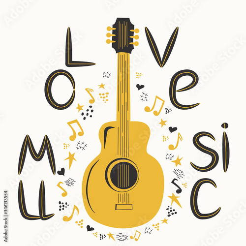 Acoustic guitar surrounded by notes, the inscription Love Music, Country Music. Country Cowboy Music Festival Creative Event Live Event Poster Concept