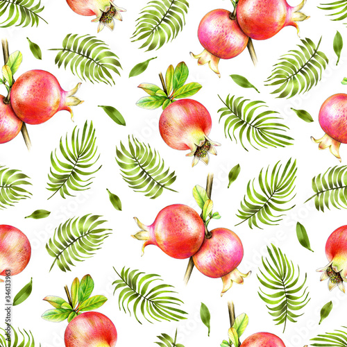 Pomegranate seamless pattern with palm leaves. Hand drawn with colored pencils red fruit. Summer fruits background