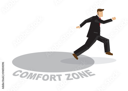 Business man getting out of his comfort zone. Concept of innovation, transformation and growth. Vector cartoon illustration.