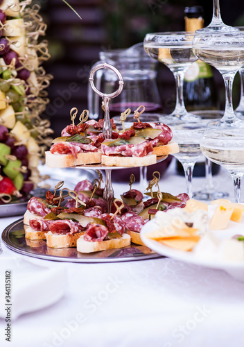 Delicious cold snacks catering at the wedding party