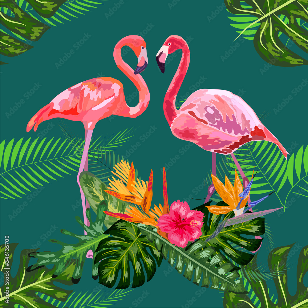 Obraz premium Bright green tropical jungle rainforest palm tree leaves. Pink exotic flamingo wading birds couple. Seamless pattern texture