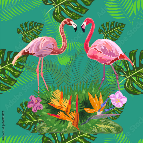 Bright green tropical jungle rainforest palm tree leaves. Pink exotic flamingo wading birds couple. Seamless pattern texture