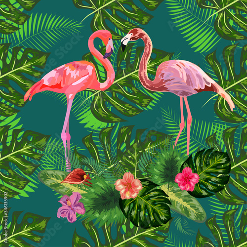 Bright green tropical jungle rainforest palm tree leaves. Pink exotic flamingo wading birds couple. Seamless pattern texture