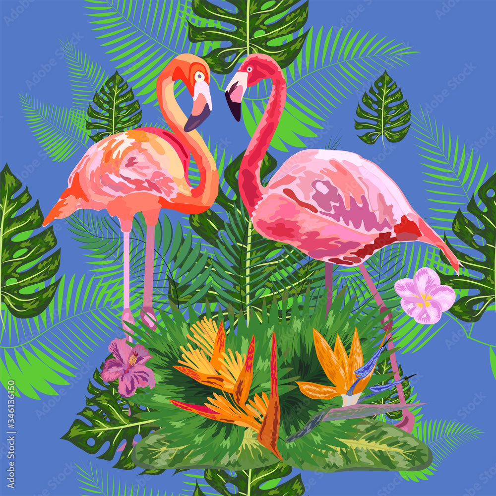 Obraz premium Bright green tropical jungle rainforest palm tree leaves. Pink exotic flamingo wading birds couple. Seamless pattern texture