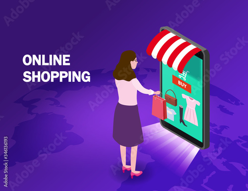 Online shopping young women character makes a purchase smartphone internet shop