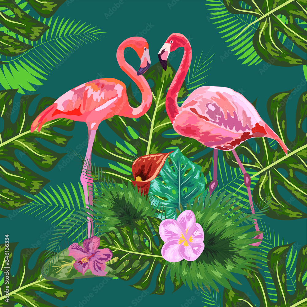 seamless floral summer pattern background with tropical palm leaves, flamingo, hibiscus.