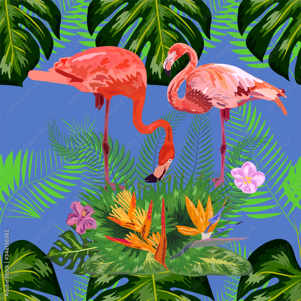 Obraz premium seamless floral summer pattern background with tropical palm leaves, flamingo, hibiscus.