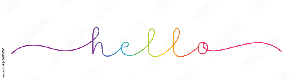 HELLO rainbow-colored vector monoline calligraphy banner with swashes