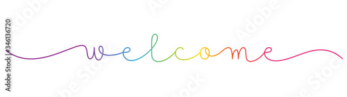 WELCOME rainbow-colored vector monoline calligraphy banner with swashes
