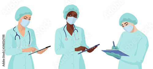 African, European and Asian women doctor. Realistic flat portrait.