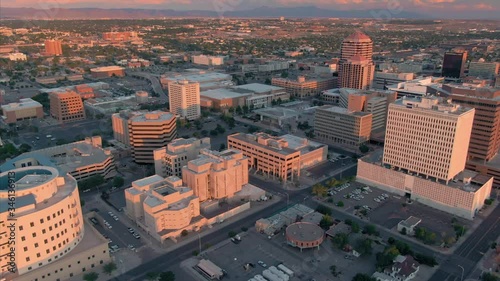 Albuquerque, New Mexico, USA. Aerial flying over the downtown city CBD photo