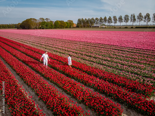 couple men and woman in flower field in the Netherlands during Spring, orange red tulips field near Noordoostpolder Flevoland Netherlands, men and woman in Spring evening sun photo