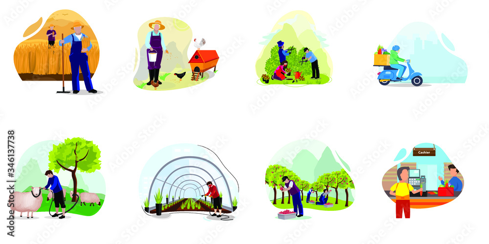 Plakat Harvesting People. Farmer flat illustration. People gathering crops or seasonal harvest, collecting ripe vegetables, picking fruits and berries, remove leaves. Men, women work on a farm. Flat design