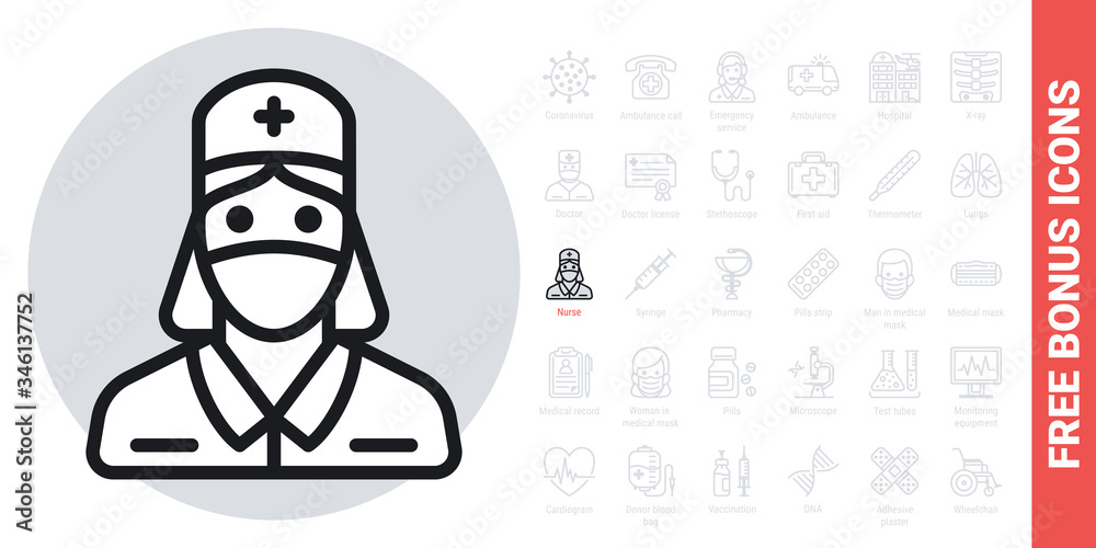 Nurse, doctor or medical staff icon. Young woman in medical mask and medical gown. Simple black and white version. Free bonus icons kit included Nurse, doctor or medical staff icon. Young woman in medical mask and medical gown. Simple black and white version. Free bonus icons kit included